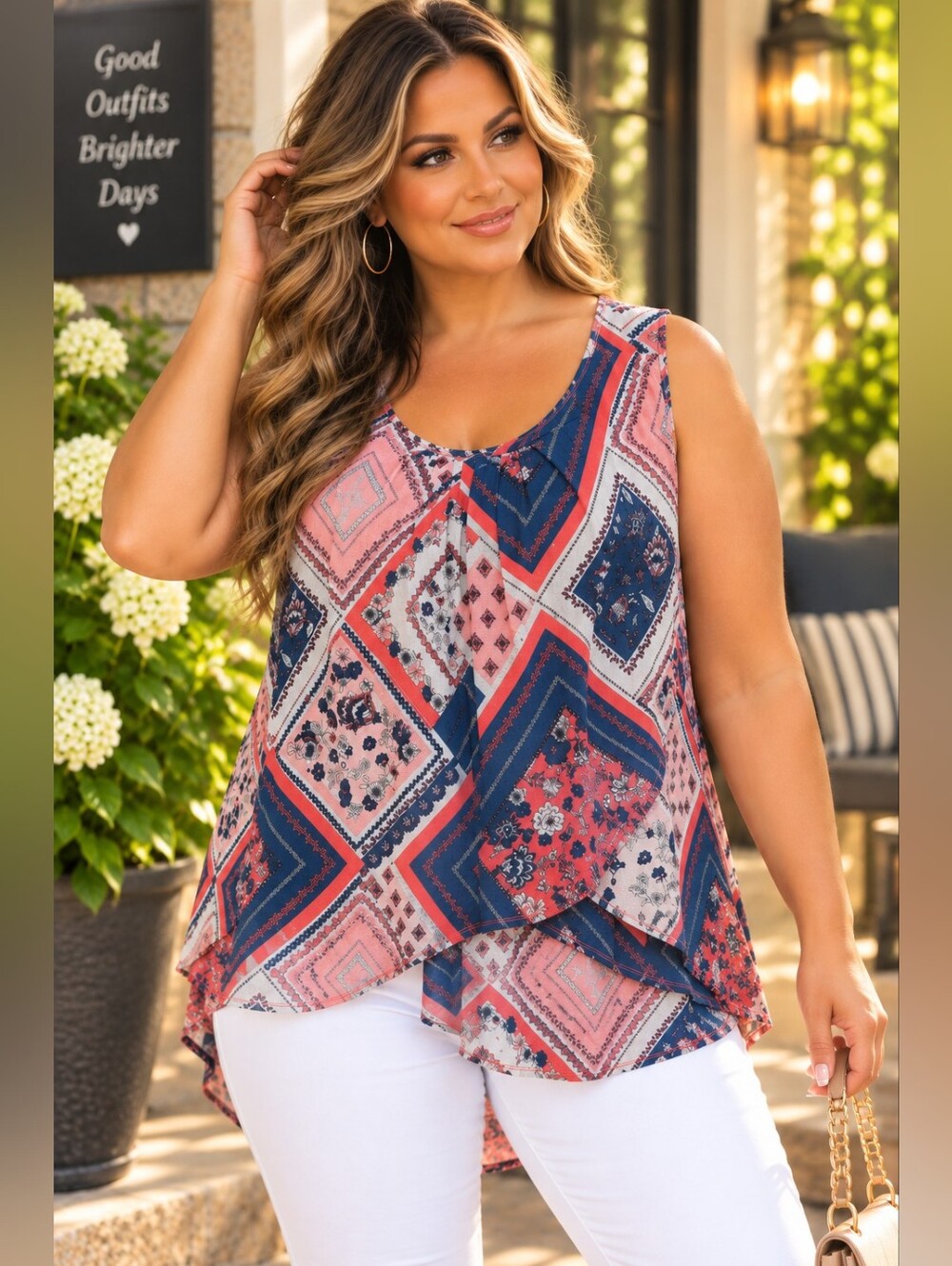 Roz & Ali Pink Blue Paisley Patchwork Sleeveless Plus 3X Blouse
